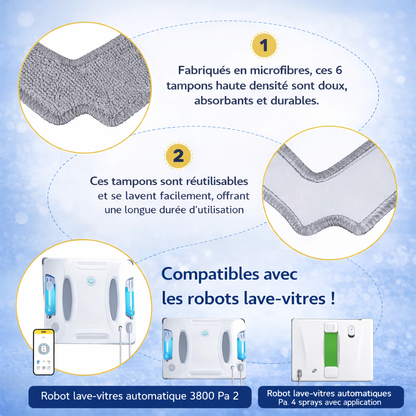Lot de 6 chiffons microfibres carrés haute densité compatibles robots lave-vitres GlassBot S300 / GlassBot S380