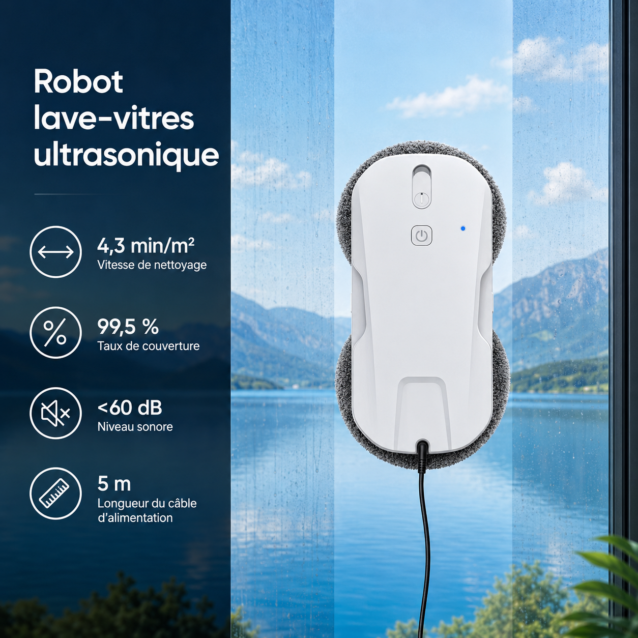 PureBotic GlassBot X4 — Robot lave-vitre automatique ultrasonique 5300 Pa avec application et télécommande