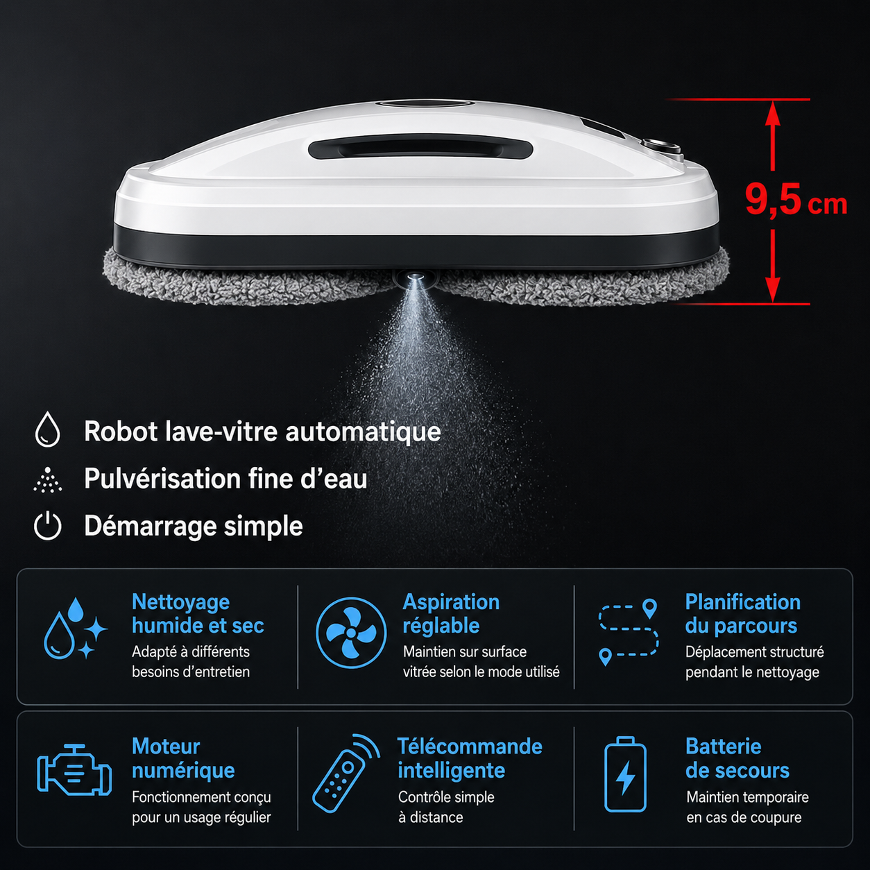 PureBotic GlassBot S560 — Robot lave-vitre automatique 5600 Pa avec 3 modes de nettoyage et sécurité anti-chute
