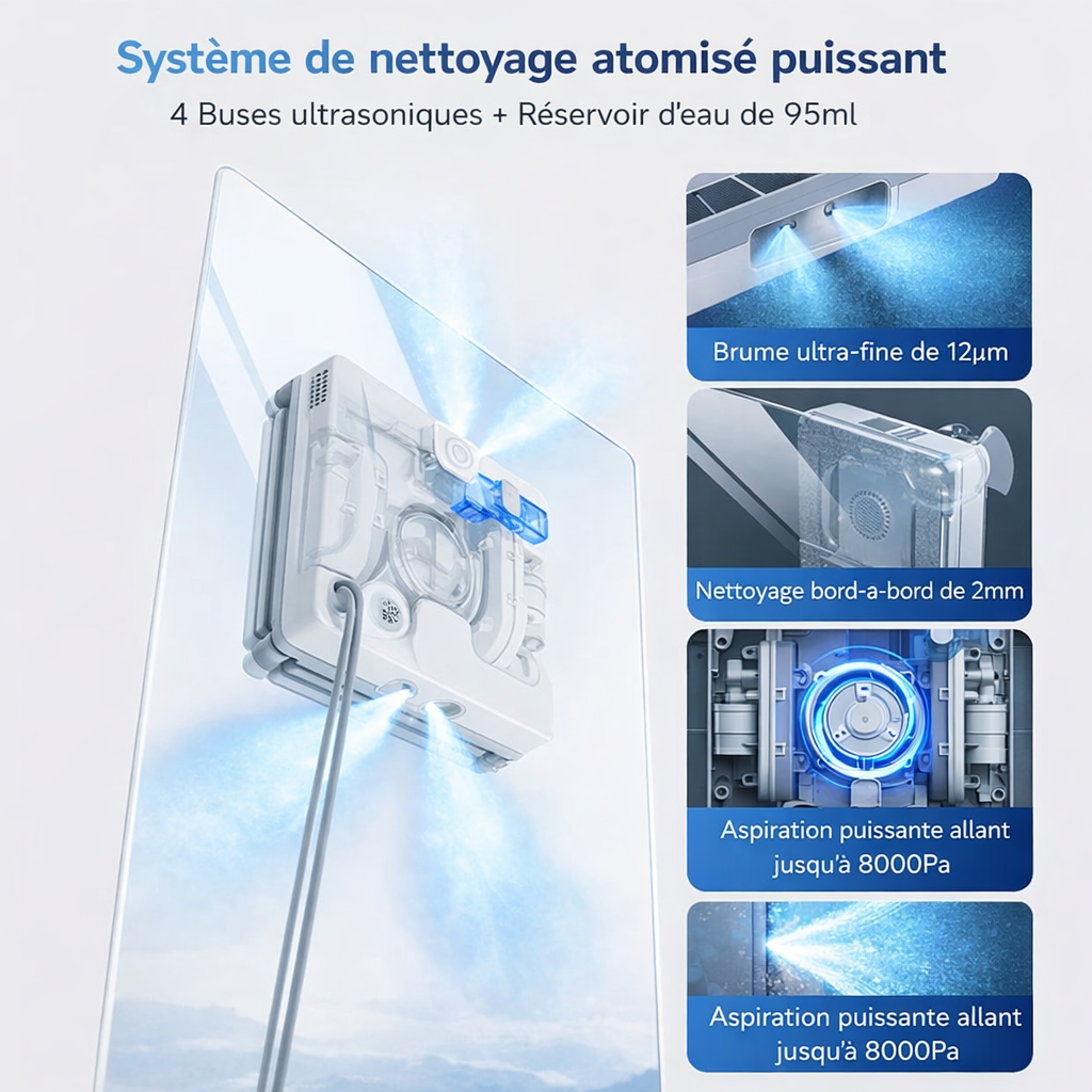 PureBotic GlassBot S300 — Robot lave-vitre automatique 3000 Pa avec 4 modes de nettoyage et télécommande