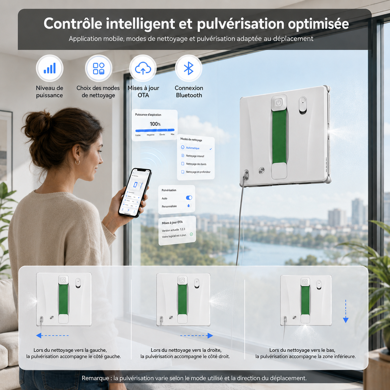 PureBotic GlassBot S300 — Robot lave-vitre automatique 3000 Pa avec 4 modes de nettoyage et télécommande